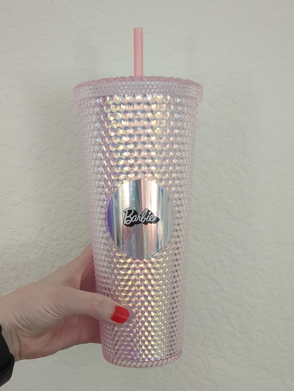 Barbie Iridescent Studded Pink Tumbler with Pink Straw